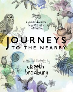 book cover for Journeys to the Nearby with drawings of plants and animals interspersed with splotches of watercolour paint