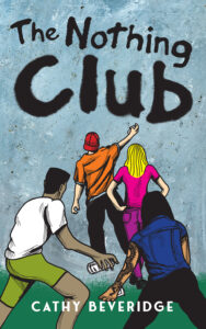 The book cover with a drawing of three teens seen from behind as they spray paint a wall.